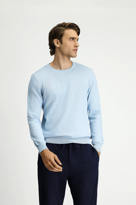 Açık Mavi Bisiklet Yaka Regular Fit Pamuklu Kaşmirli Triko Kazak