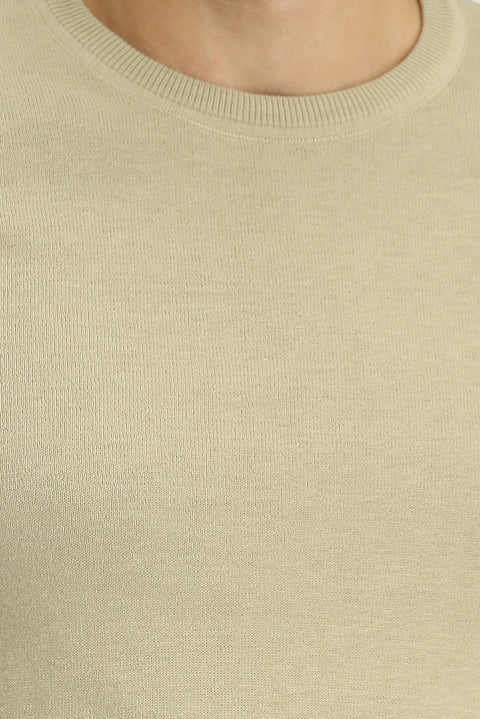 Orta Bej Bisiklet Yaka Regular Fit Pamuklu Kaşmirli Triko Kazak