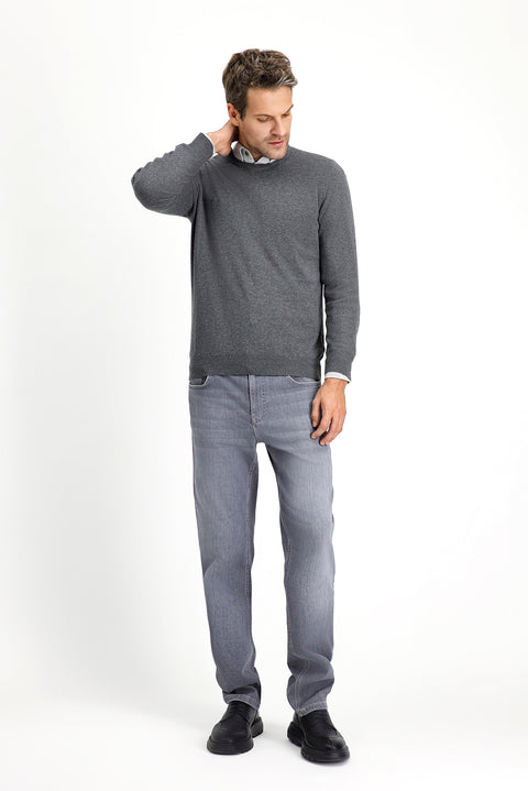 Orta Anrasit Melanj Bisiklet Yaka Regular Fit Pamuklu Kaşmirli Triko Kazak