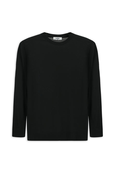 Siyah Bisiklet Yaka Regular Fit Yünlü Örme Triko Kazak