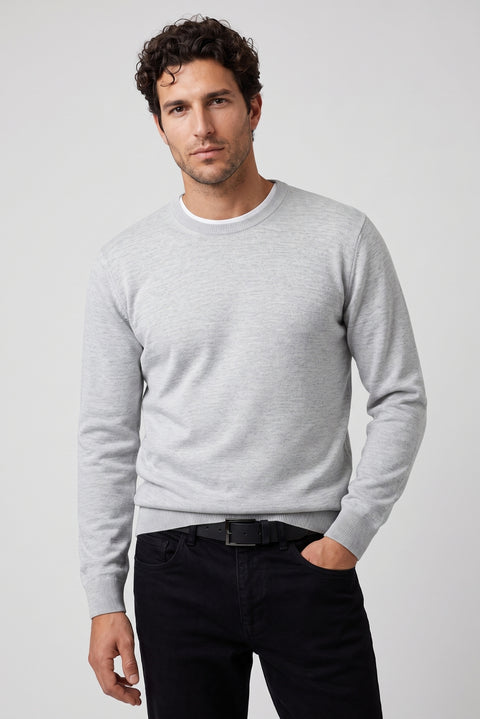 Light Grey Melange Crew Neck Regular Fit Wool Knitted Sweater