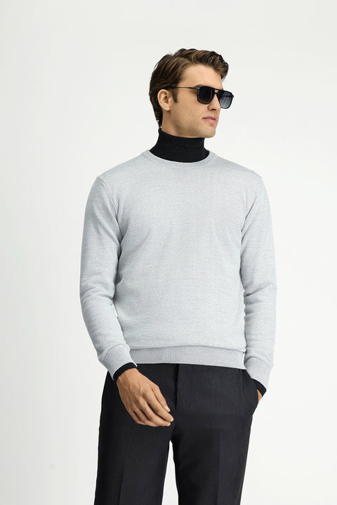 Açık Gri Melanj Bisiklet Yaka Regular Fit Yünlü Örme Triko Kazak