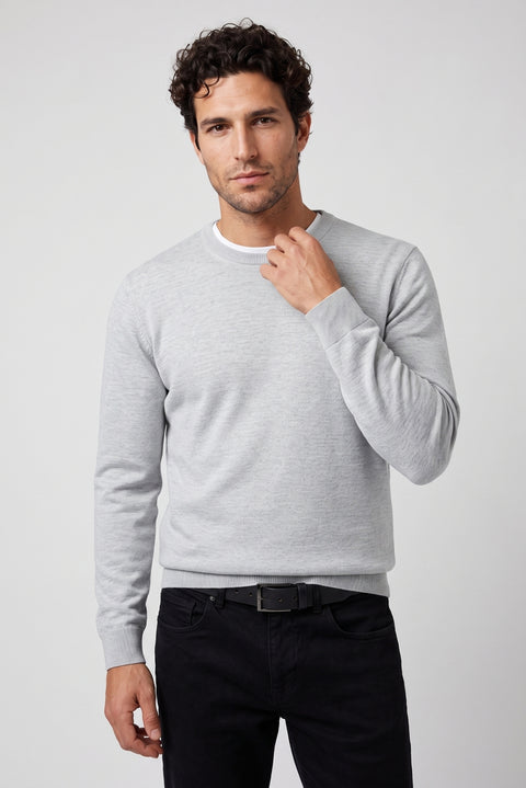 Light Grey Melange Crew Neck Regular Fit Wool Knitted Sweater