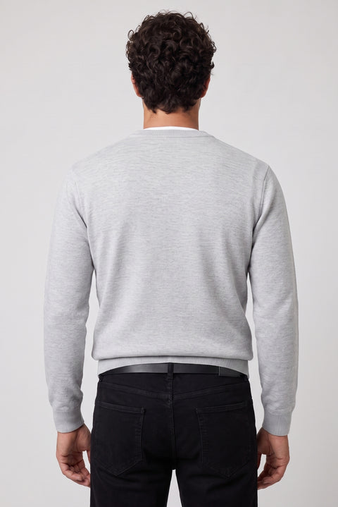 Light Grey Melange Crew Neck Regular Fit Wool Knitted Sweater