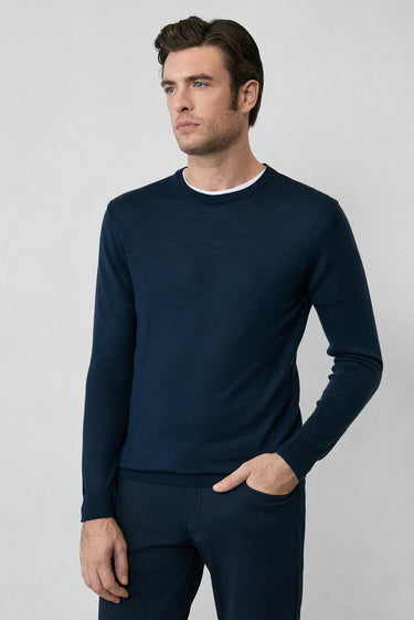  Koyu Lacivert Bisiklet Yaka Regular Fit Yünlü Örme Triko Kazak