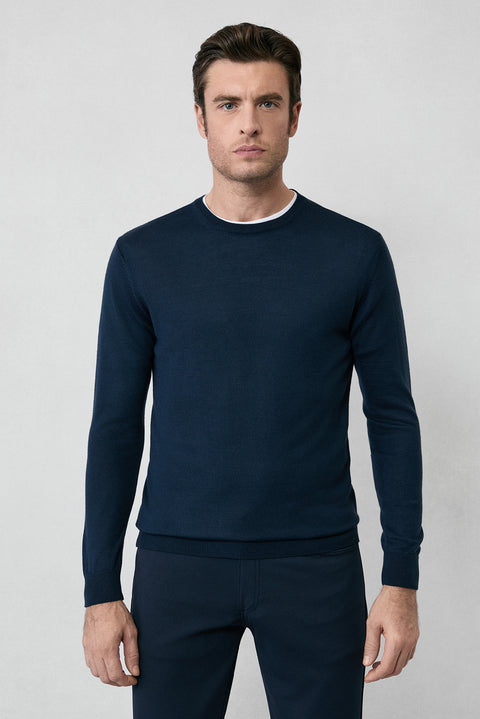 Koyu Lacivert Bisiklet Yaka Regular Fit Yünlü Örme Triko Kazak