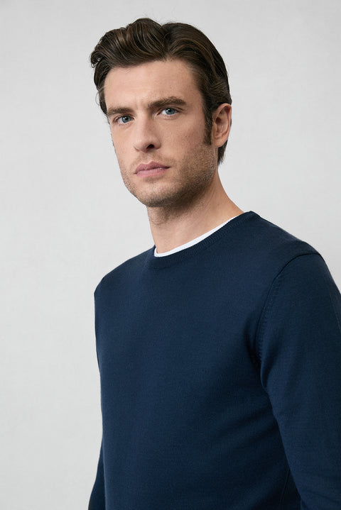 Koyu Lacivert Bisiklet Yaka Regular Fit Yünlü Örme Triko Kazak