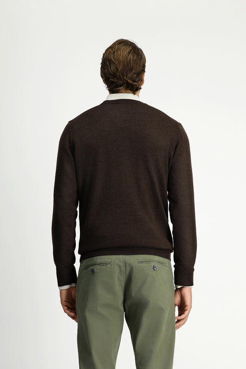 Koyu Kahve Melanj Bisiklet Yaka Regular Fit Yünlü Örme Triko Kazak