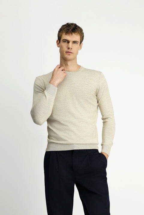 Light Beige Crew Neck Regular Fit Wool Knitted Sweater