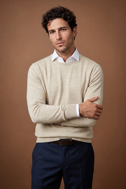 Light Beige Crew Neck Regular Fit Wool Knitted Sweater