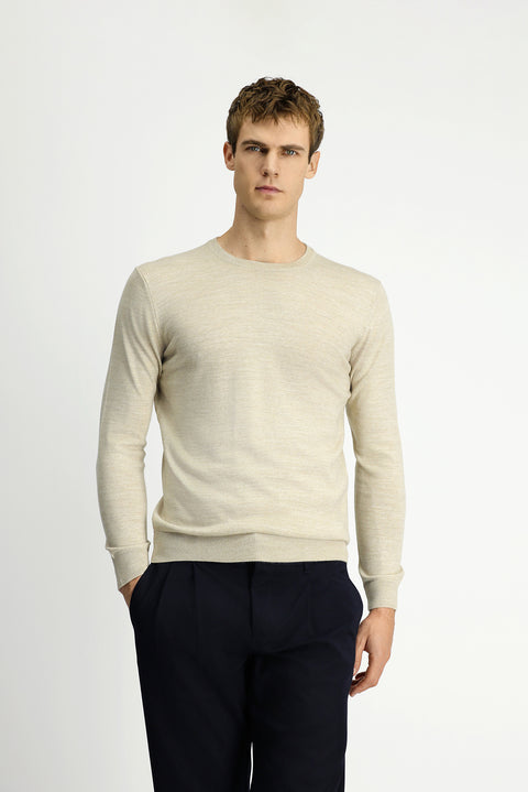 Light Beige Crew Neck Regular Fit Wool Knitted Sweater