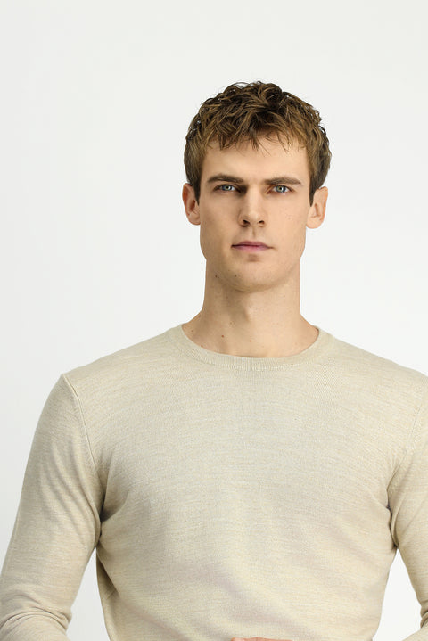 Light Beige Crew Neck Regular Fit Wool Knitted Sweater