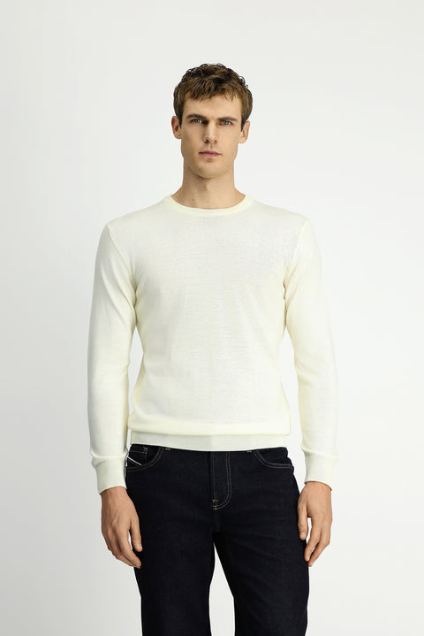 Ekru Bisiklet Yaka Regular Fit Yünlü Örme Triko Kazak