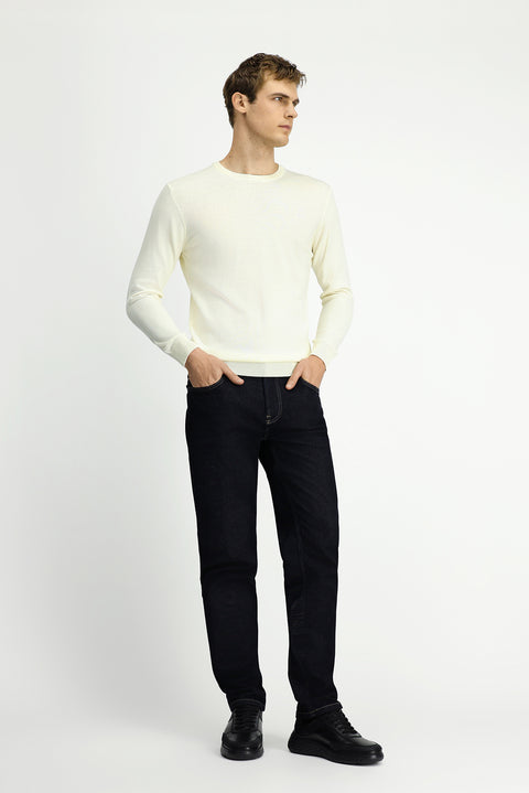 Ekru Bisiklet Yaka Regular Fit Yünlü Örme Triko Kazak