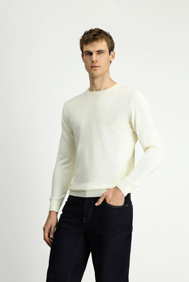  Ekru Bisiklet Yaka Regular Fit Yünlü Triko Kazak