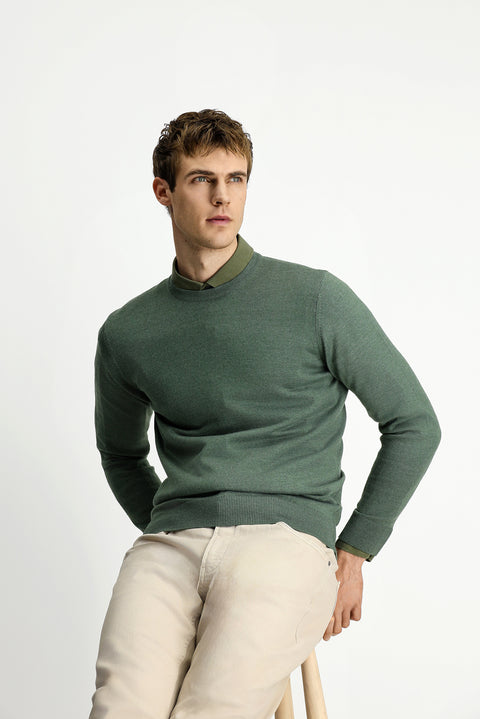 Açık Haki Melanj Bisiklet Yaka Regular Fit Yünlü Örme Triko Kazak