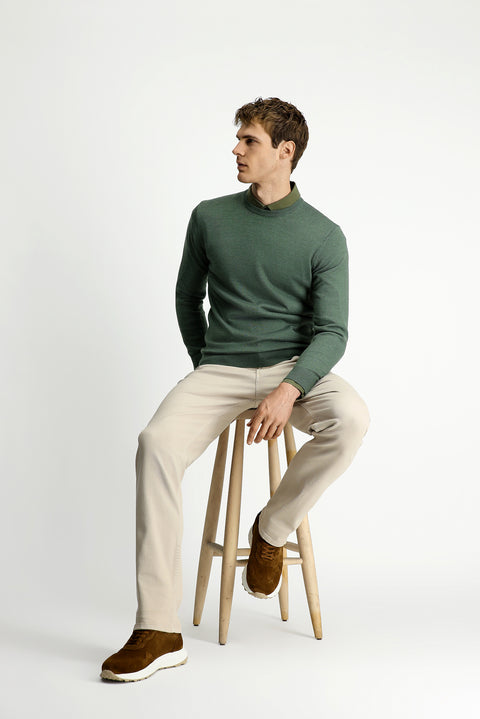 Açık Haki Melanj Bisiklet Yaka Regular Fit Yünlü Örme Triko Kazak