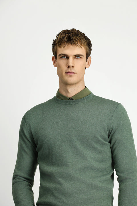 Açık Haki Melanj Bisiklet Yaka Regular Fit Yünlü Örme Triko Kazak