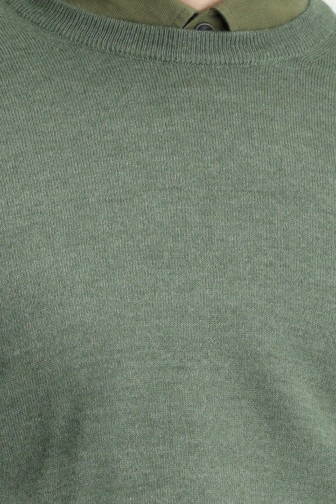 Açık Haki Melanj Bisiklet Yaka Regular Fit Yünlü Örme Triko Kazak