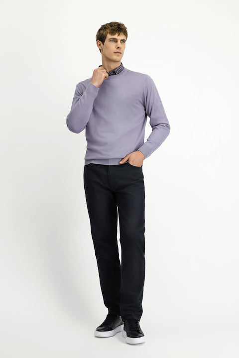 Lila Bisiklet Yaka Regular Fit Yünlü Örme Triko Kazak