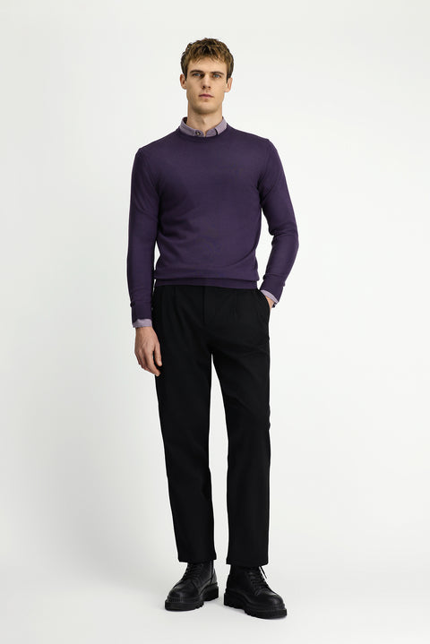 Koyu Mor Bisiklet Yaka Regular Fit Yünlü Örme Triko Kazak