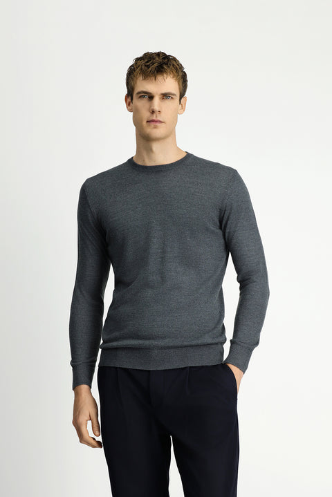 Orta Anrasit Melanj Bisiklet Yaka Regular Fit Yünlü Örme Triko Kazak