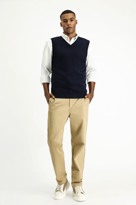 Koyu Lacivert V Yaka Pamuklu Triko Süveter