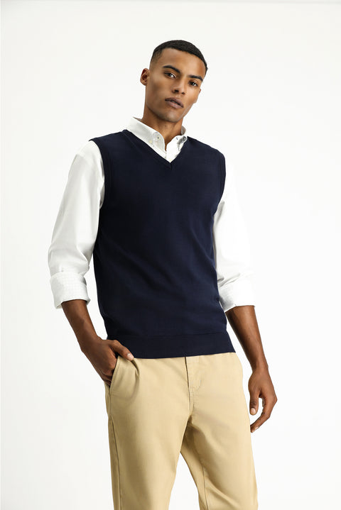 Koyu Lacivert V Yaka Pamuklu Triko Süveter