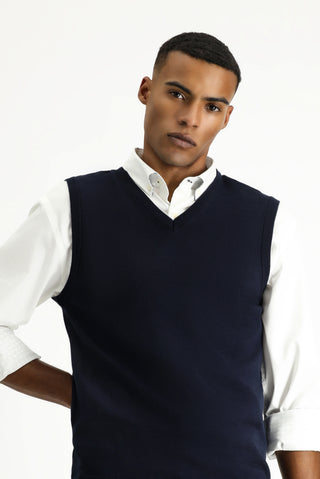  Koyu Lacivert V Yaka Pamuklu Triko Süveter