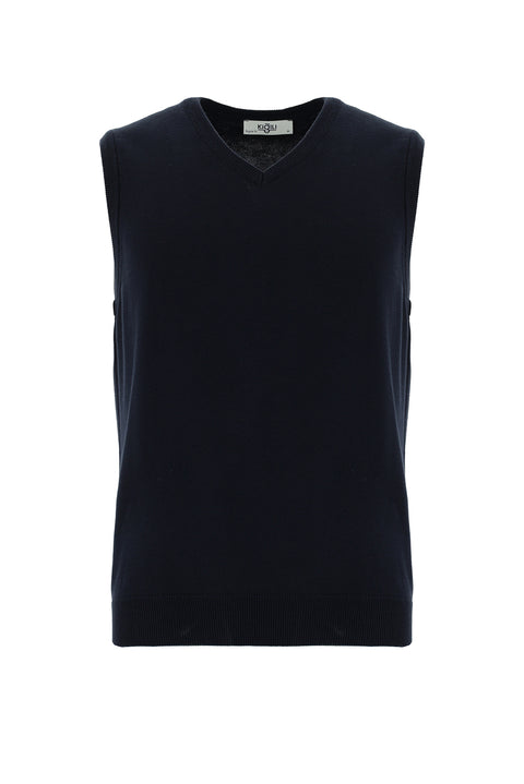 Koyu Lacivert V Yaka Pamuklu Triko Süveter