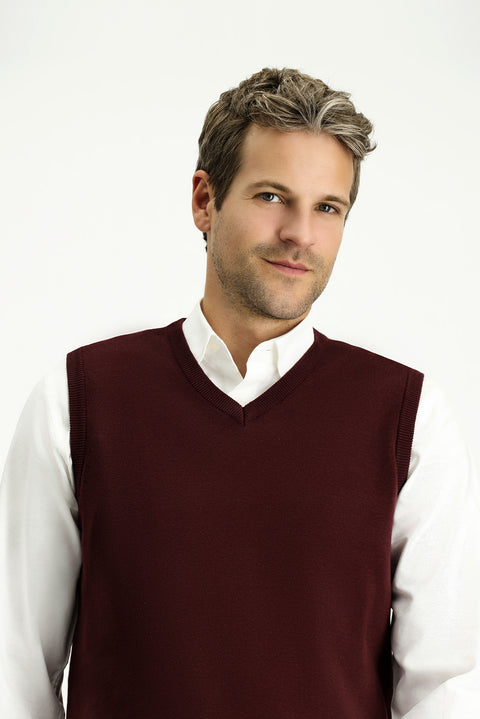 Koyu Bordo V Yaka Pamuklu Triko Süveter