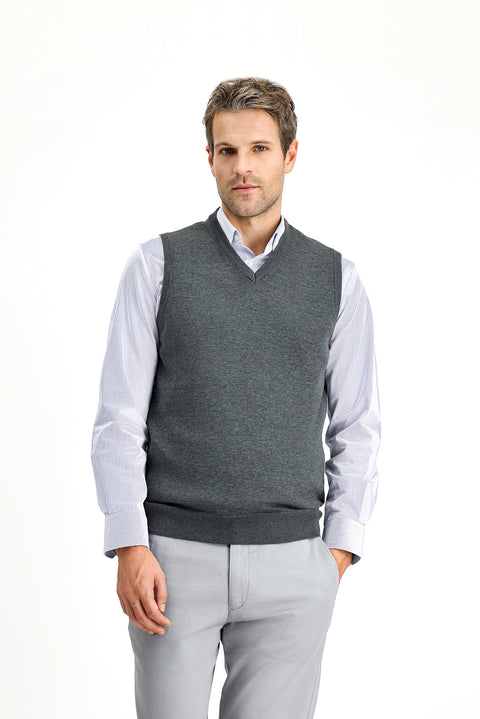 Koyu Antrasit Melanj V Yaka Pamuklu Triko Süveter