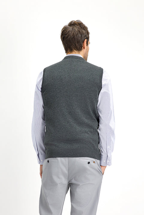 Koyu Antrasit Melanj V Yaka Pamuklu Triko Süveter