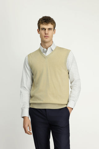  Orta Bej V Yaka Pamuklu Kaşmir Triko Süveter