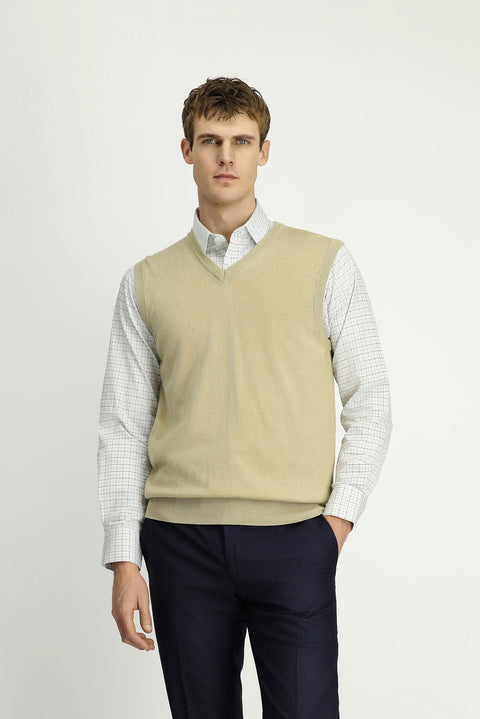 Orta Bej V Yaka Pamuklu Kaşmir Triko Süveter