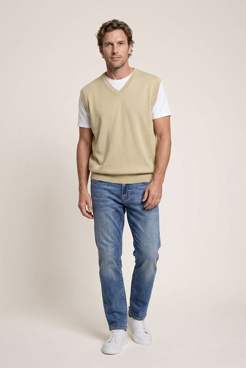 Medium Beige V-Neck Cotton Cashmere Knit Sweater