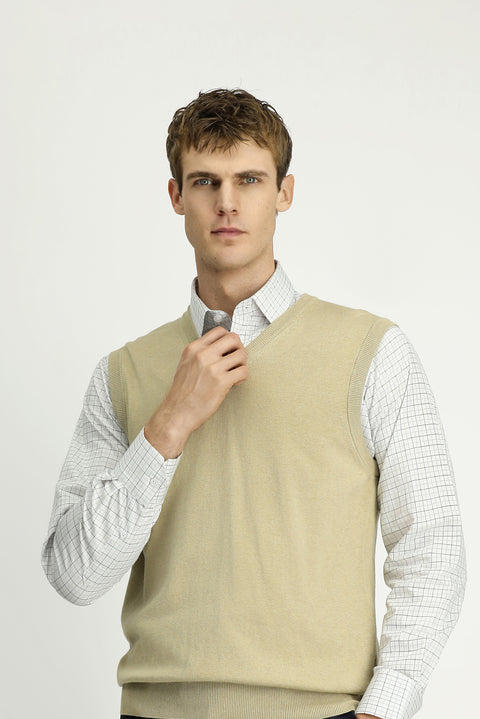 Orta Bej V Yaka Pamuklu Kaşmir Triko Süveter