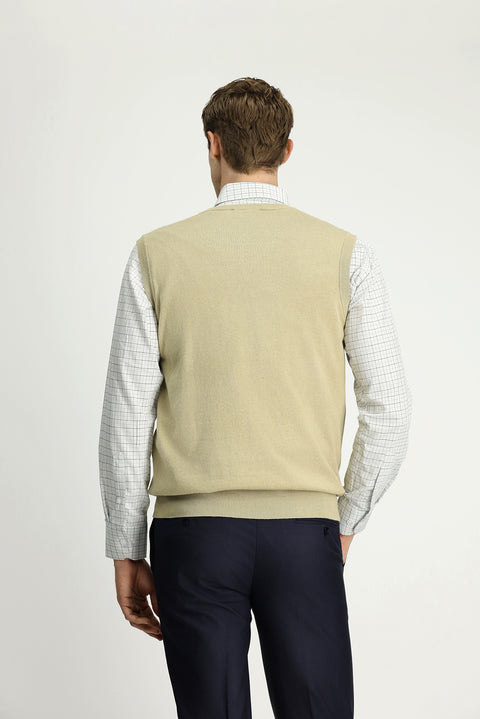 Orta Bej V Yaka Pamuklu Kaşmir Triko Süveter