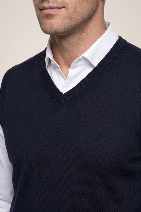 Dark Navy V-Neck Wool Knit Sweater