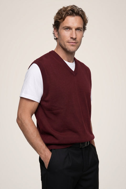 Dark Burgundy V-Neck Wool Knit Sweater