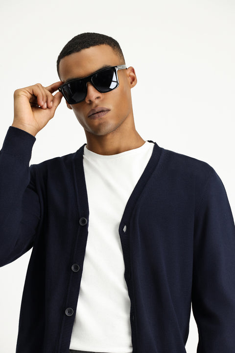 Koyu Lacivert Pamuklu Triko Hırka