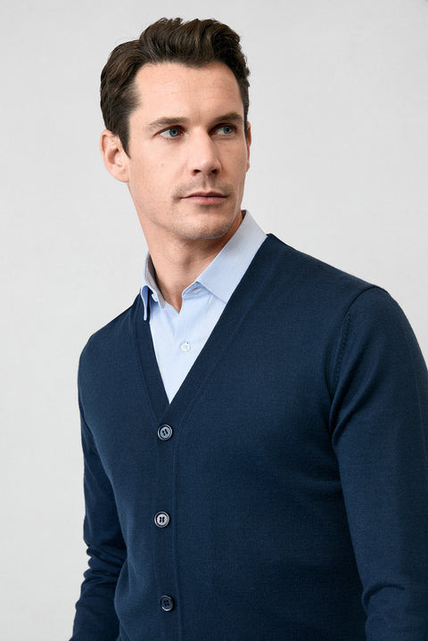 Koyu Lacivert V Yaka Düğmeli Yünlü Örme Triko Hırka