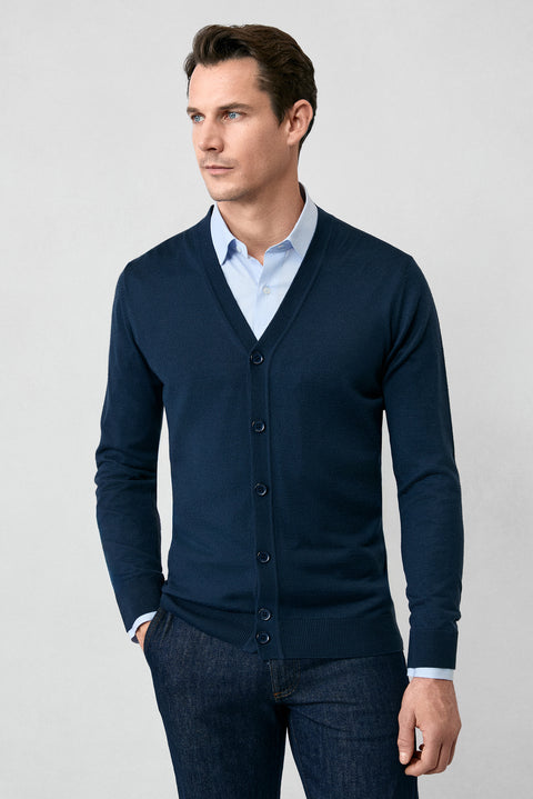 Koyu Lacivert V Yaka Düğmeli Yünlü Örme Triko Hırka