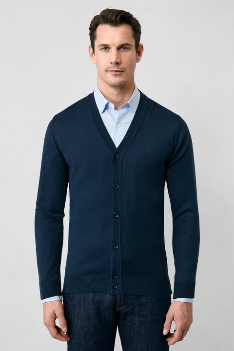 Koyu Lacivert V Yaka Düğmeli Yünlü Örme Triko Hırka