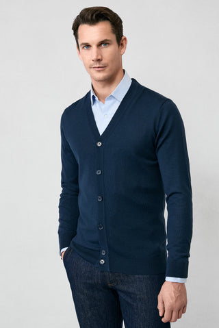  Koyu Lacivert V Yaka Düğmeli Yünlü Örme Triko Hırka