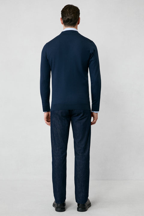 Koyu Lacivert V Yaka Düğmeli Yünlü Örme Triko Hırka