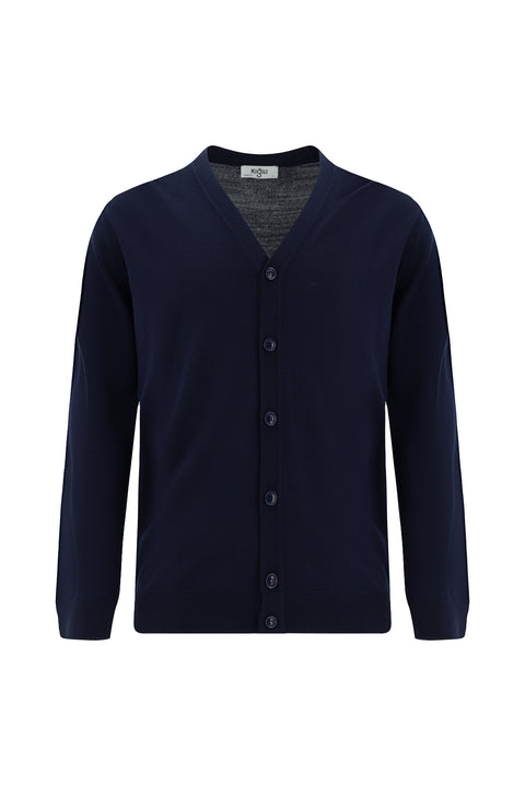 Koyu Lacivert V Yaka Düğmeli Yünlü Örme Triko Hırka