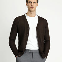 Koyu Kahve Melanj V Yaka Düğmeli Yünlü Örme Triko Hırka