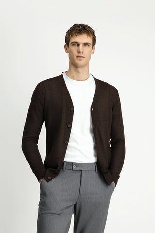  Koyu Kahve Melanj V Yaka Dü?meli Yünlü Örme Triko H?rka-Ki??l?