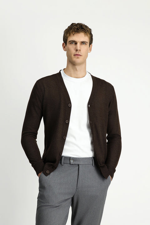 Koyu Kahve Melanj V Yaka Düğmeli Yünlü Örme Triko Hırka